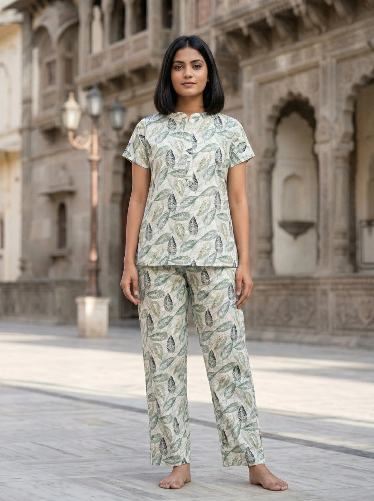 Mallory Winston Women Top & Pyjama Set Light Green Printed
