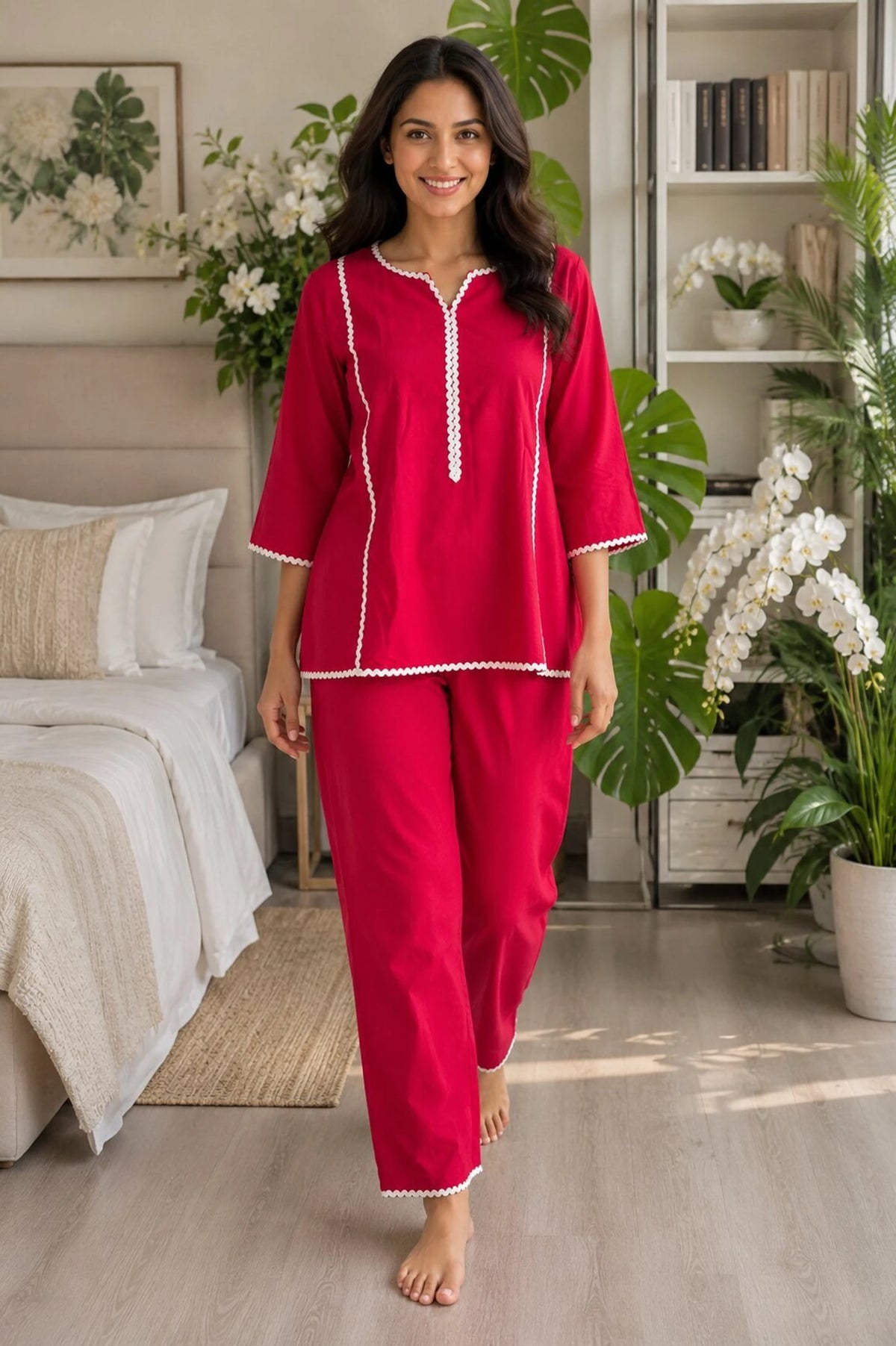 Mallory Winston Women Top & Pyjama Set Pink Embroidered