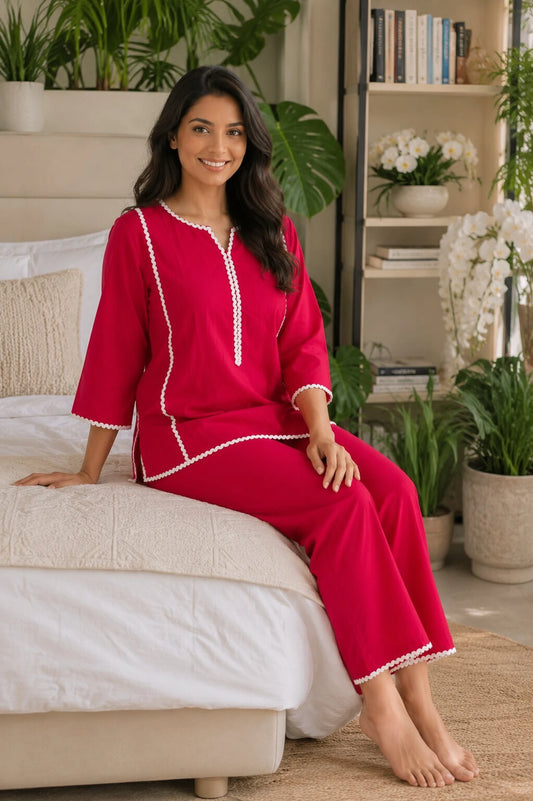 Mallory Winston Women Top & Pyjama Set Pink Embroidered