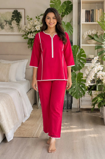 Mallory Winston Women Top & Pyjama Set Pink Embroidered