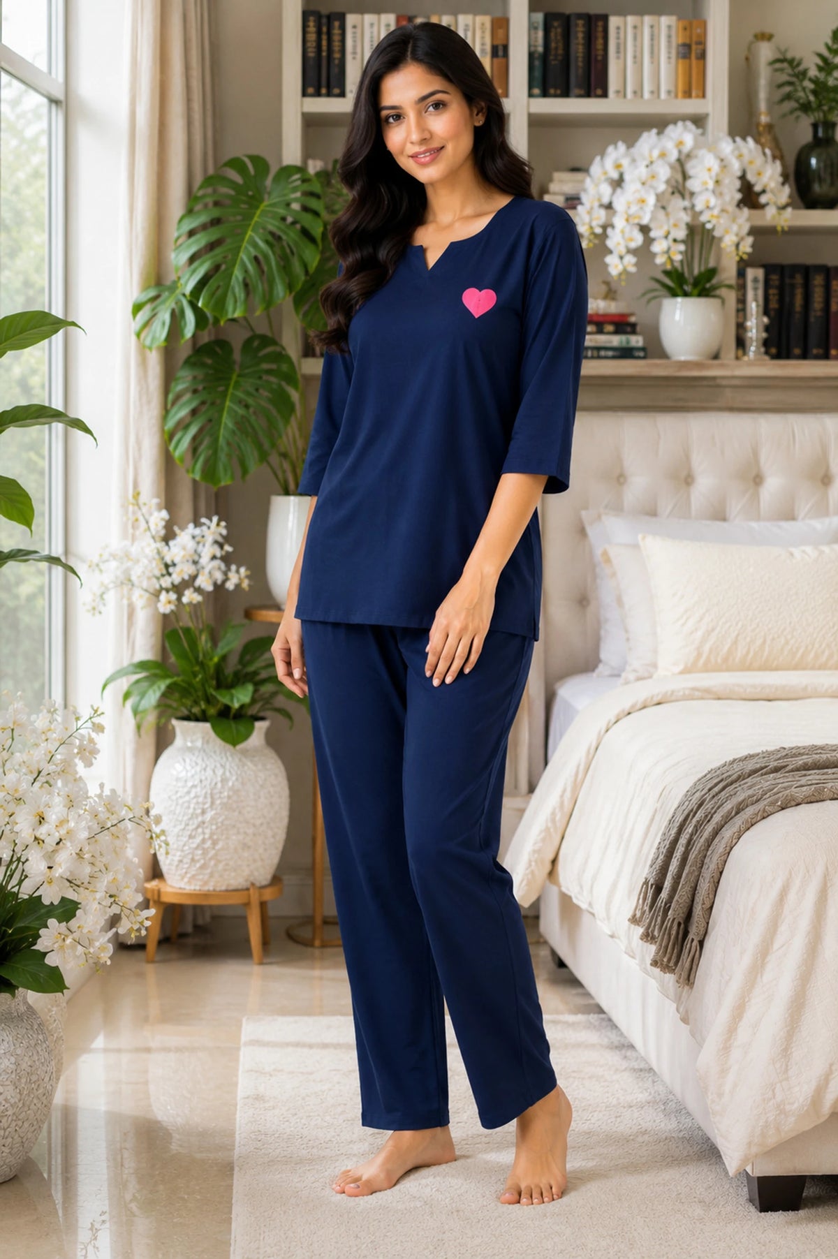 Mallory Winston Women Top & Pyjama Set Blue Applique