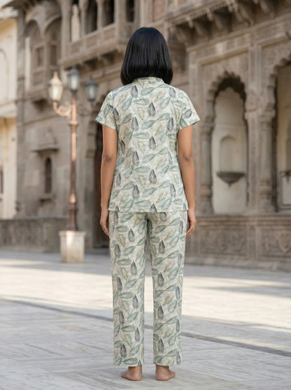 Mallory Winston Women Top & Pyjama Set Light Green Printed